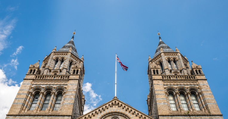 Virtual AI Risk Officer: the twin towers of the Natural History Museum with the Union flag between them